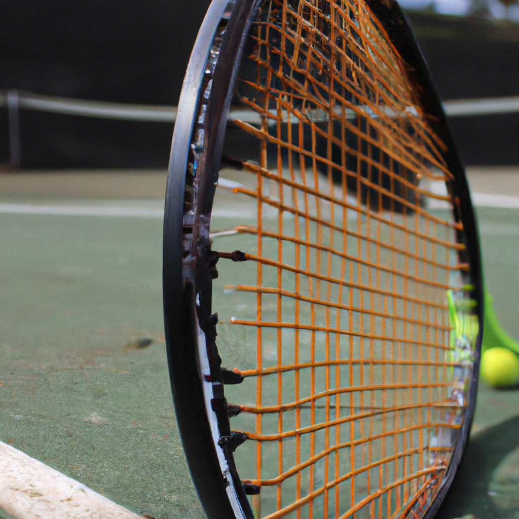 uma raquete de tenis em uma quadra de saibro, de um destaque para as cordas da raquete